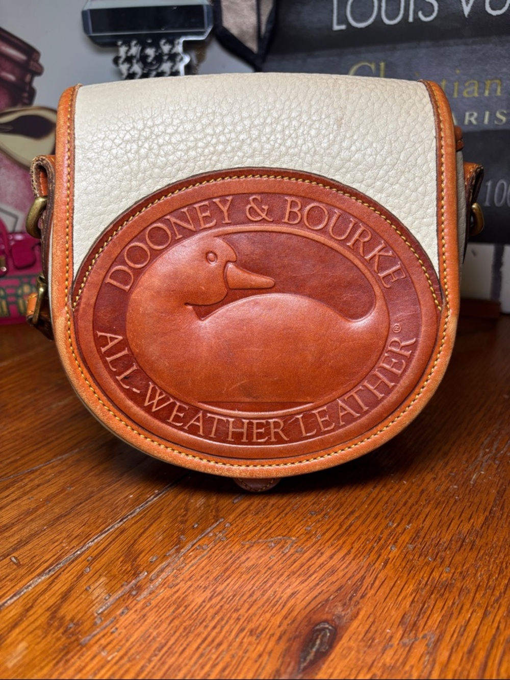 Vintage Dooney & Bourke All Weather Leather Saddle Crossbody British Tan & Cream